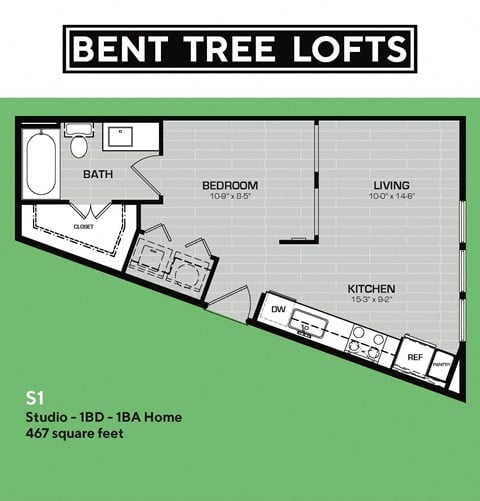 Floor plan for studio, 1 bath, 467 sqft